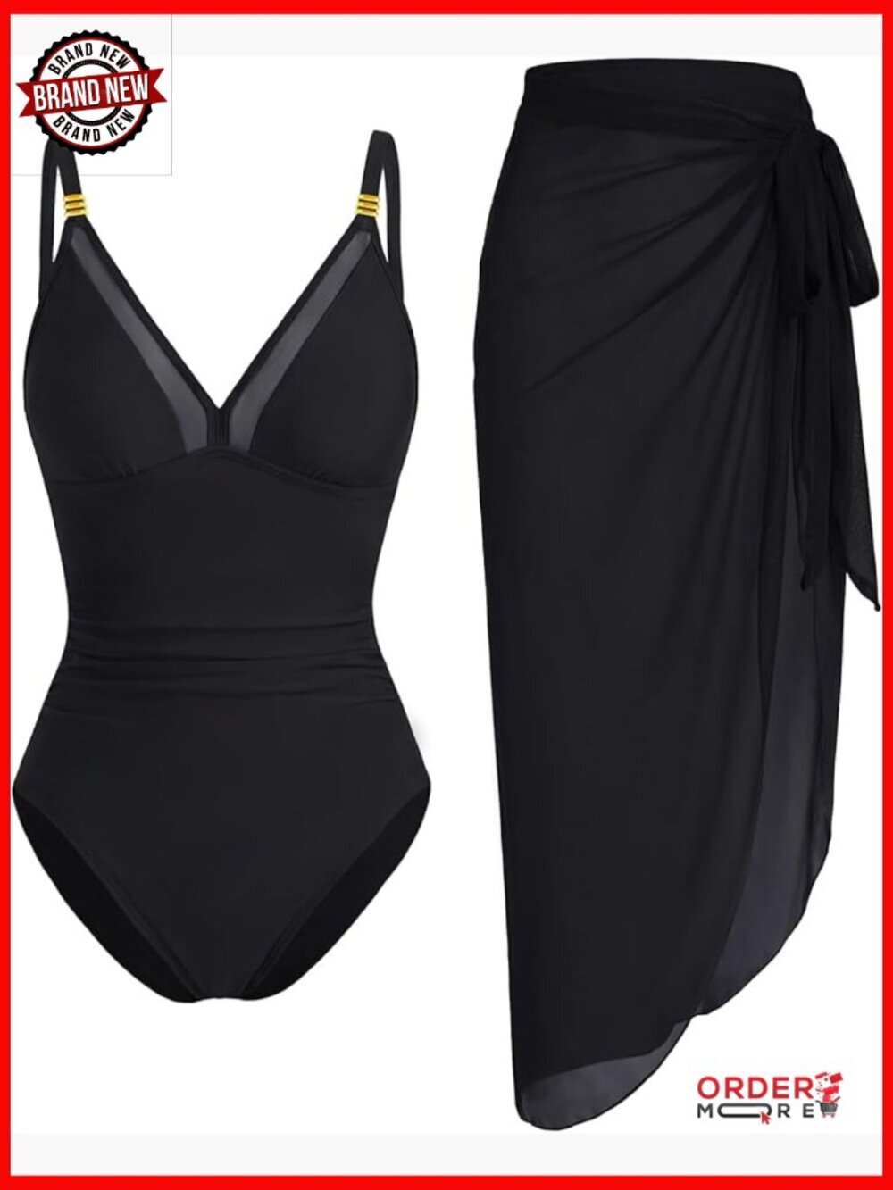 V-Neck One Piece Swimsuit with Sarong Cover Up Set Tummy Control
